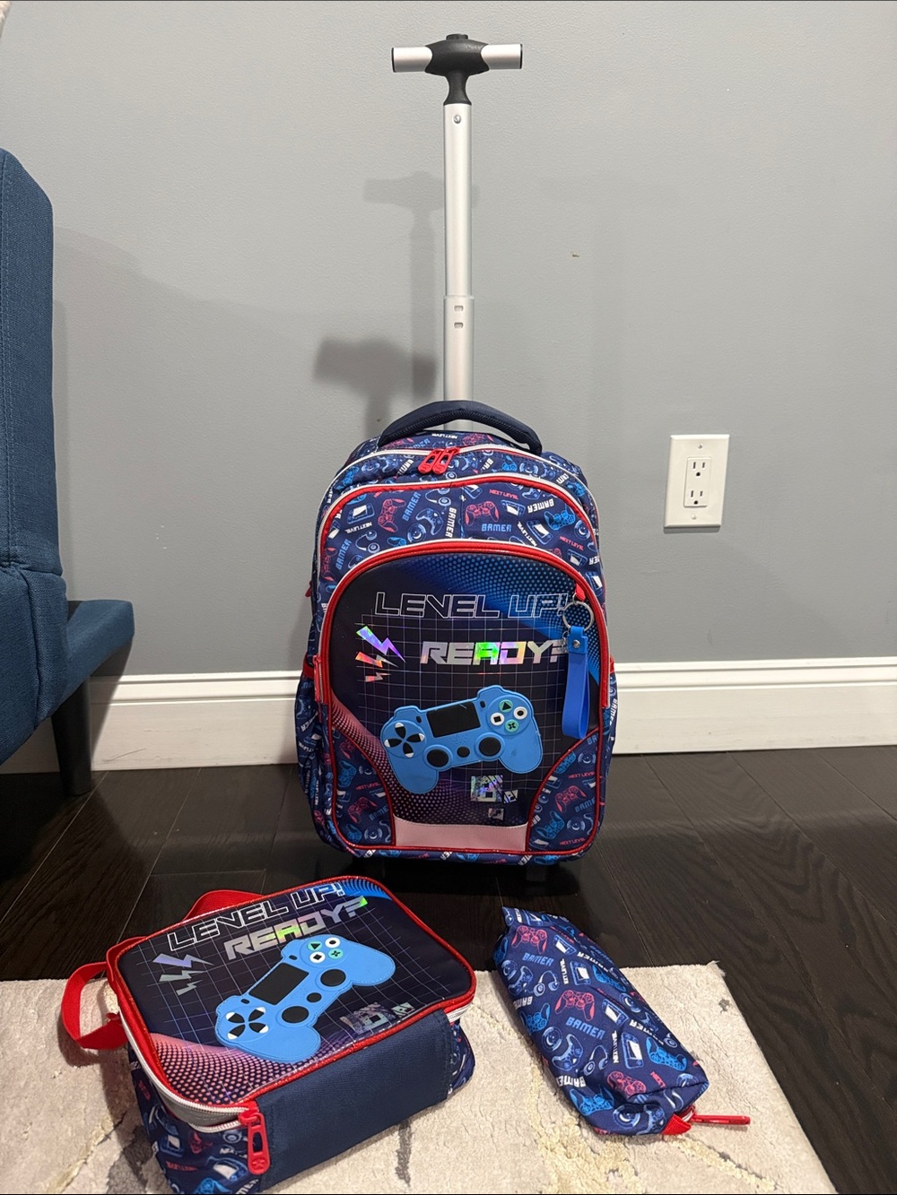 Blue 'Level Up Ready' Rolling Gaming Backpack Set